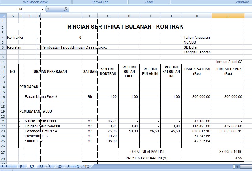 CONTOH LAPORAN BULANAN PEKERJAAN TALUD Format Excel